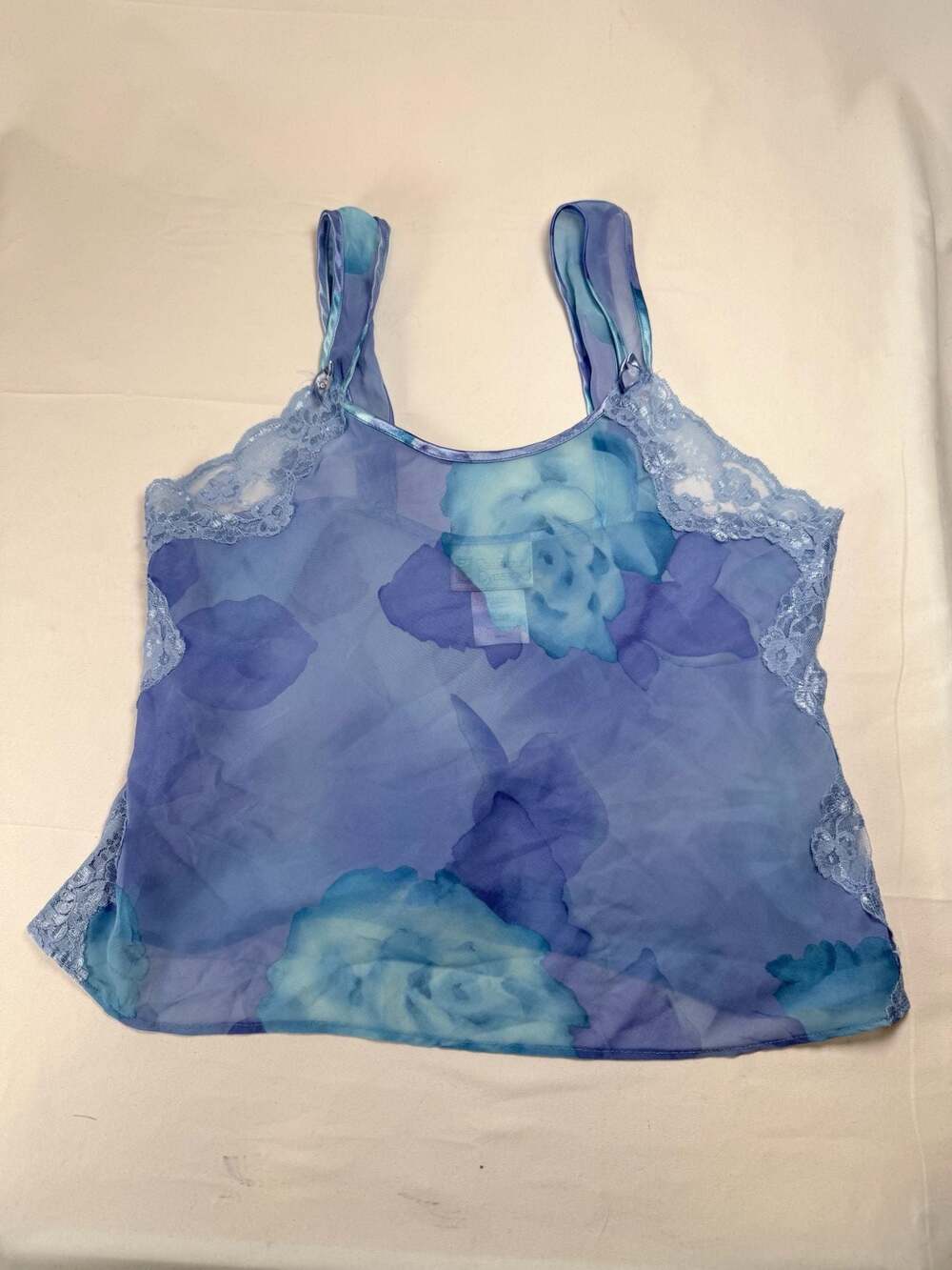 Vintage 90s Y2K California Dynasty Sheer Blue Floral Lace Camisole Small